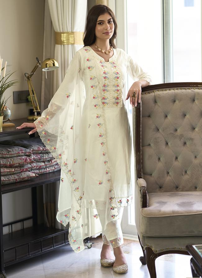 White Pure Cotton Traditional Wear Embroidery Work Readymade Salwar Suit