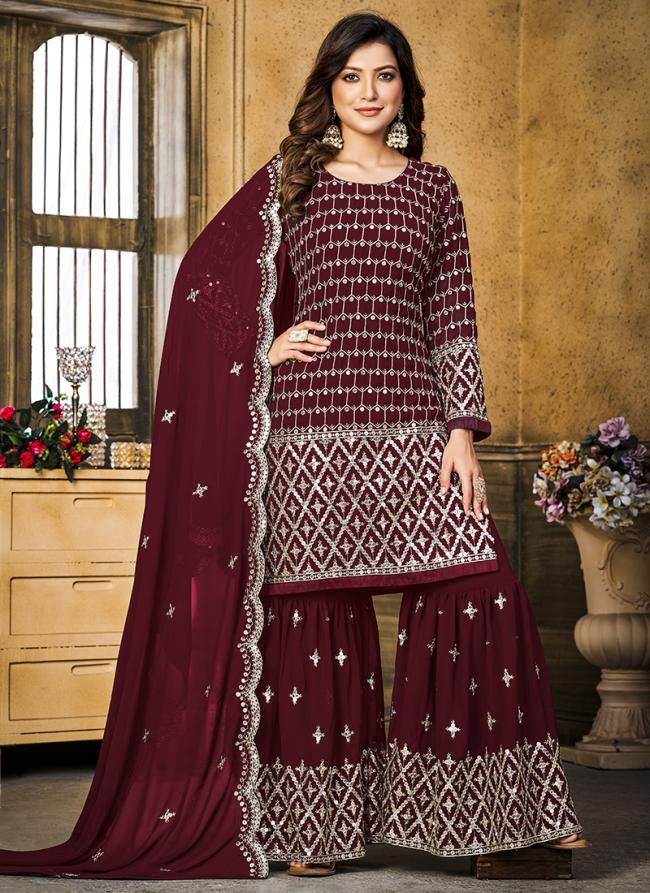 Maroon Faux Georgette Festival Wear Embroidery Work Sharara Suit