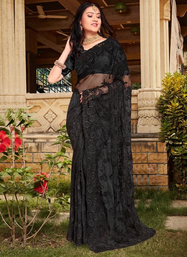 Black Net Traditional Wear Moti Work Saree