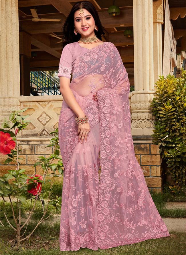 Dusty Pink Net Traditional Wear Moti Work Saree