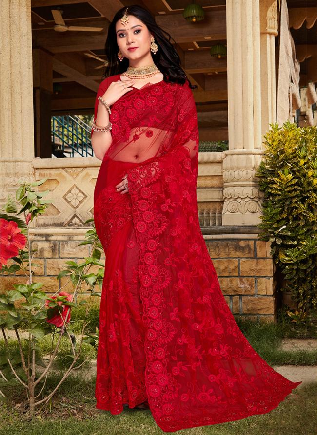 Red Net Traditional Wear Moti Work Saree