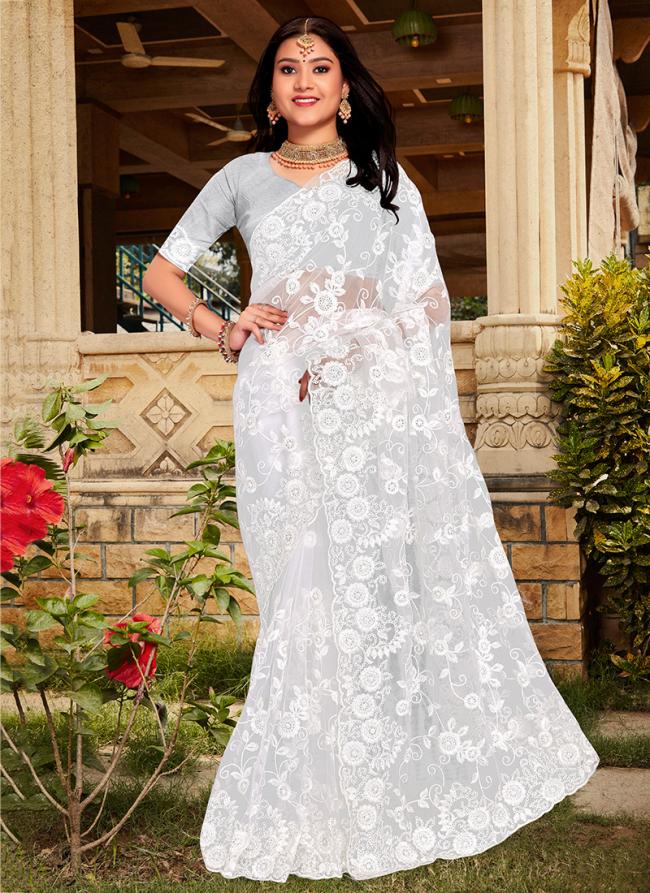 White Net Traditional Wear Moti Work Saree