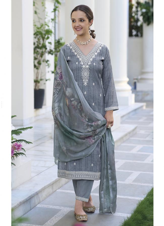 Grey Cotton Silk Party Wear Khatli Work Readymade Salwar Suit