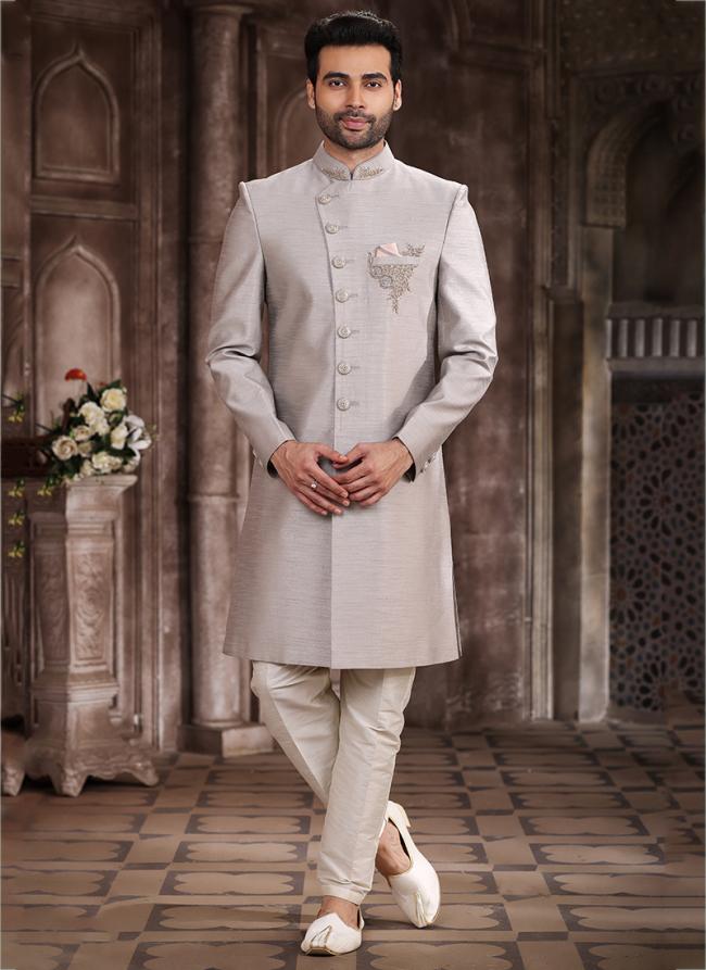 Light Grey Art Silk Wedding Wear Embroidery Work Sherwani