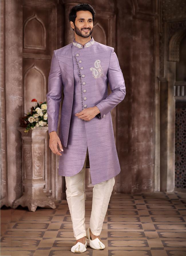 Purple Art Silk Wedding Wear Embroidery Work Sherwani