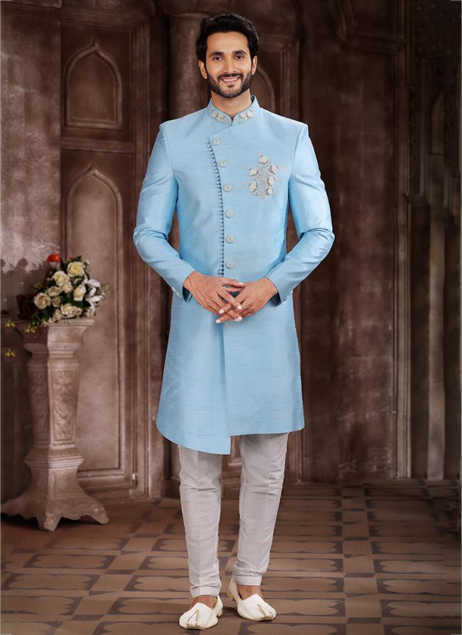 Sky Blue Art Silk Wedding Wear Embroidery Work Sherwani