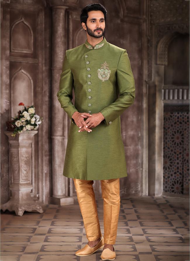 Green Art Silk Wedding Wear Embroidery Work Sherwani