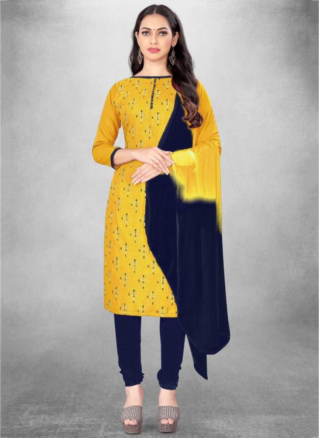 Yellow Cotton Regular Wear Printed Churidar Suit