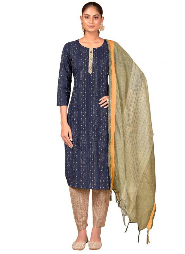 Navy Blue Banarasi Silk Traditional Wear Jacquard Readymade Salwar Suit