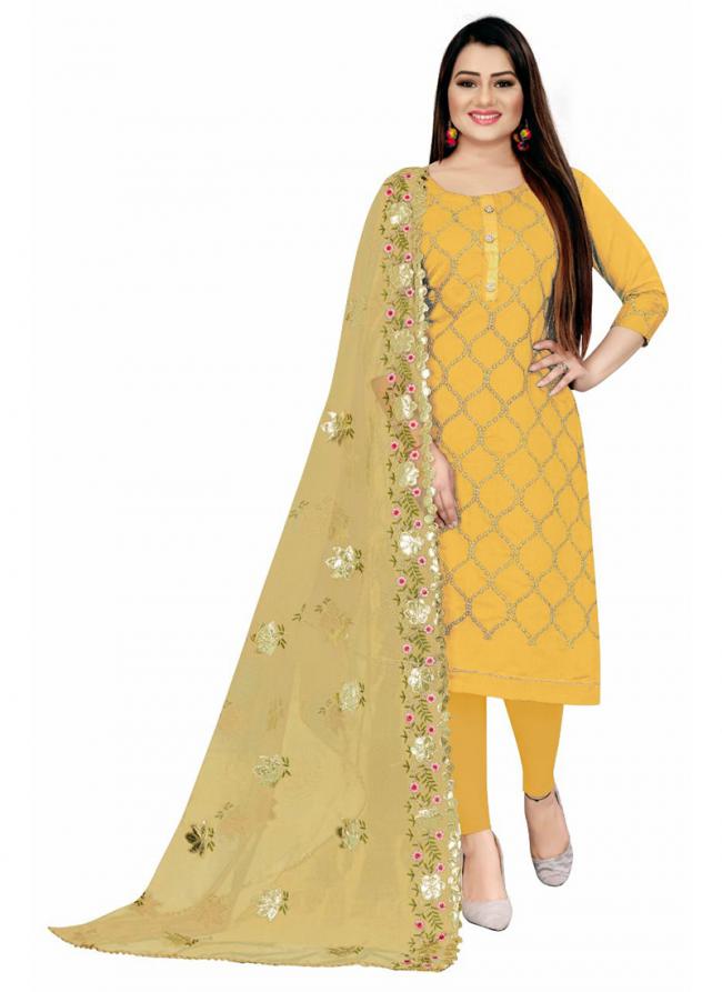 Yellow Chanderi Silk Casual Wear Weaving Churidar Suit