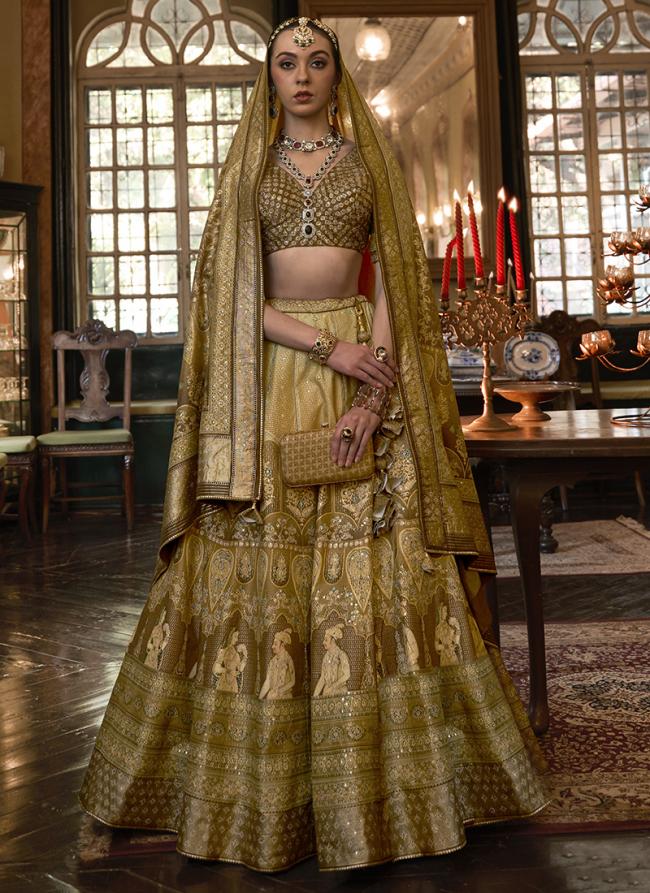 Olive Green Rajwai Silk Wedding Wear Weaving Lehenga Choli