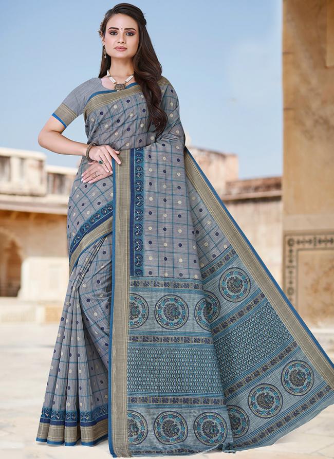 Blue Cotton Regular Wear Printed Saree
