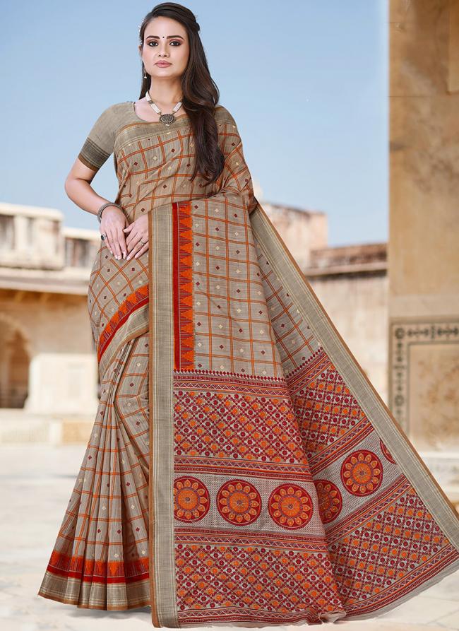 Brown Cotton Regular Wear Printed Saree