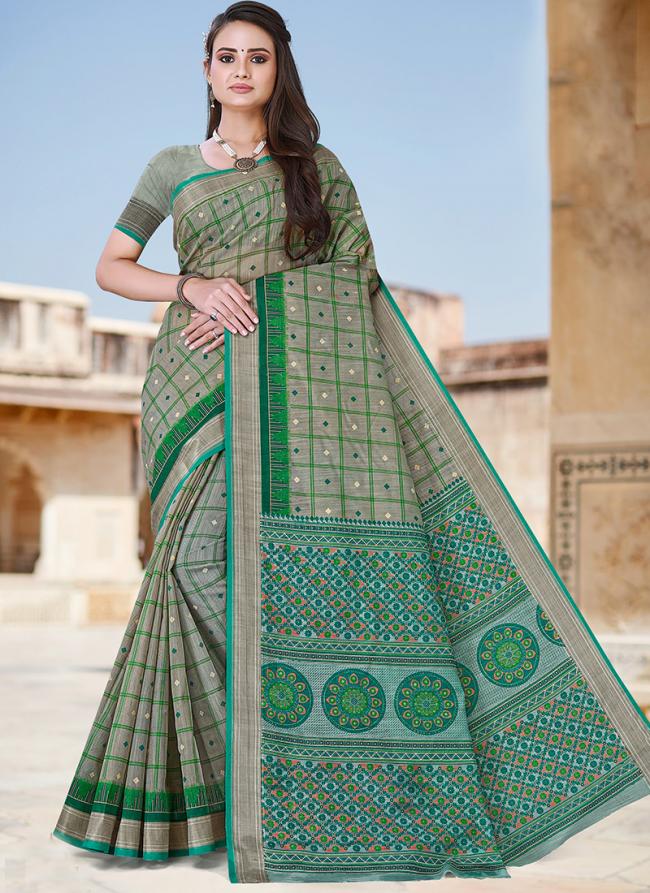 Green Cotton Regular Wear Printed Saree