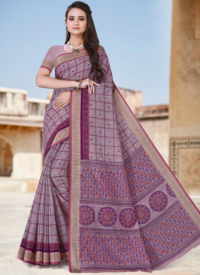 Purple Cotton Regular Wear Printed Saree