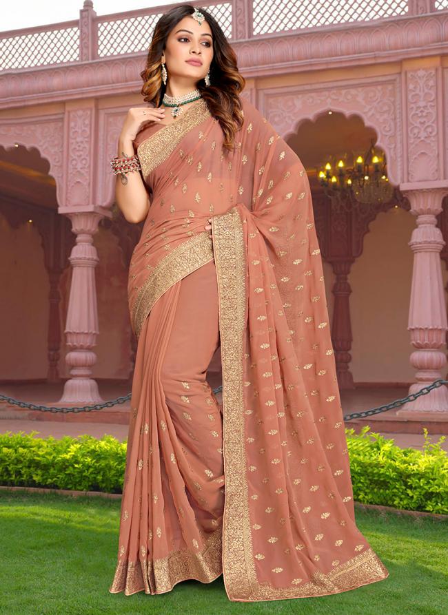 Dusty Peach Georgette Traditional Wear Embroidery Work Saree