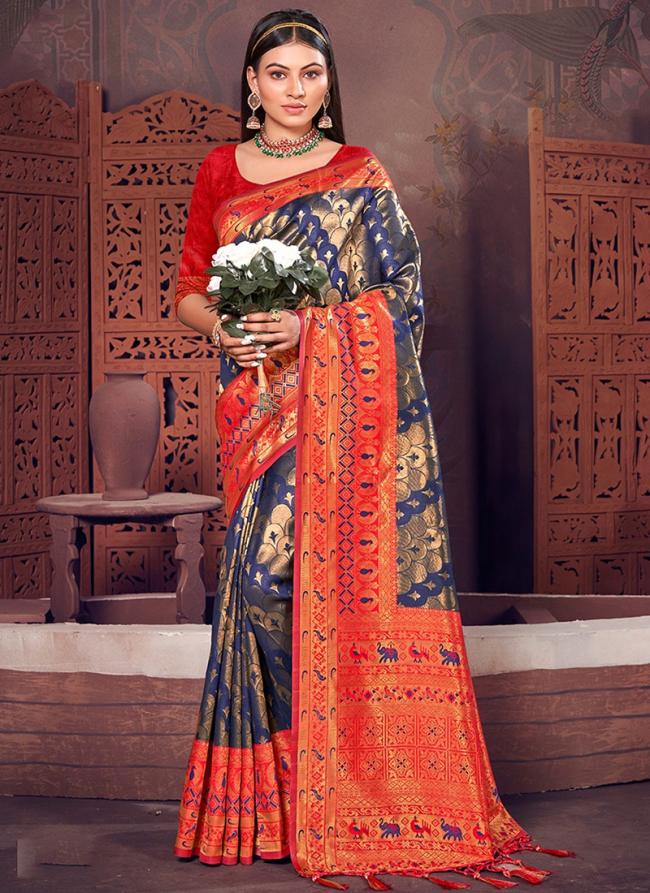 Navy Blue Silk Traditional Wear Kanjivaram Saree