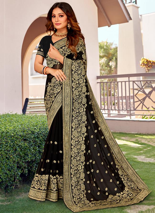 Black Georgette Traditional Wear Zari Embroidery Saree