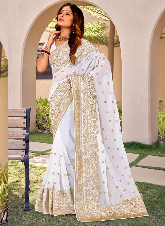 White Georgette Traditional Wear Zari Embroidery Saree