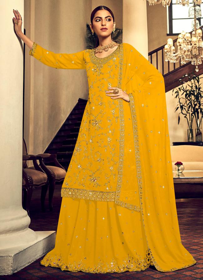Yellow Georgette Party Wear Embroidery Work Lahenga Suit