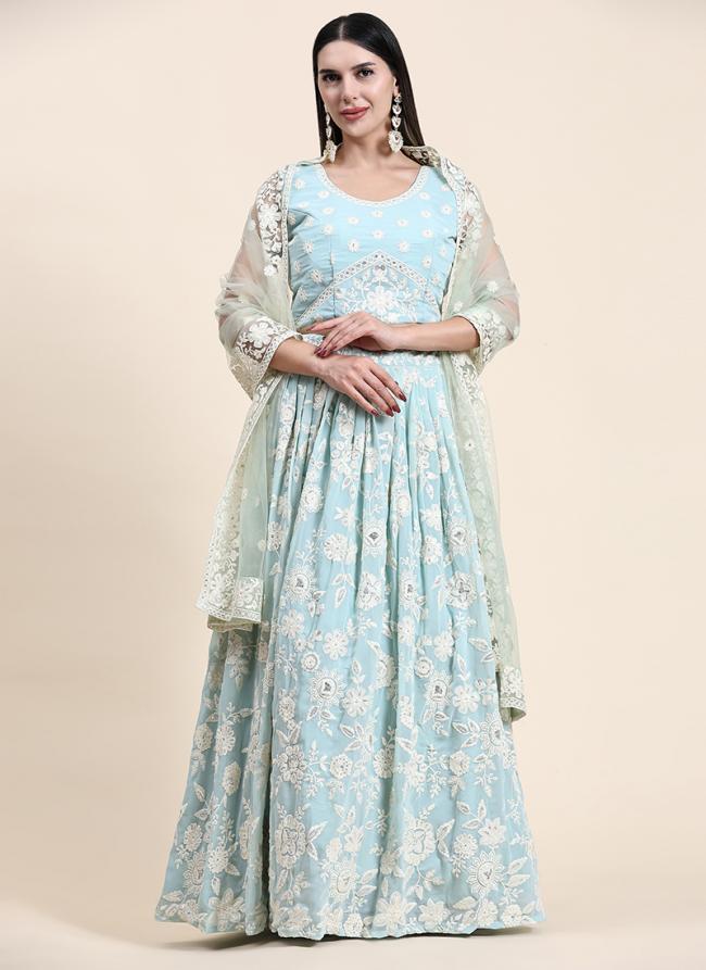 Sky Blue Georgette Party Wear Lucknowi Work Ready To Wear Lehenga Choli