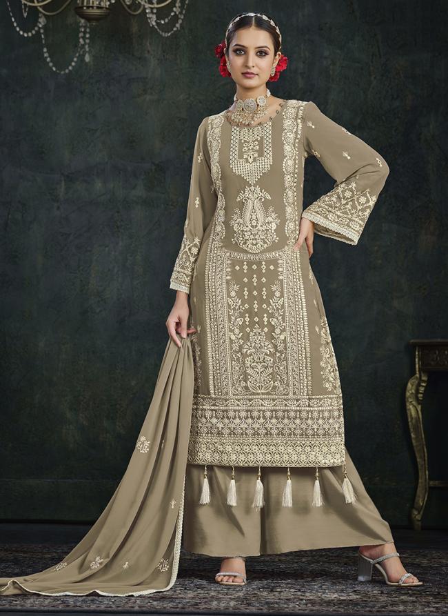 Beige Faux Georgette Party Wear Embroidery Work Palazzo Suit