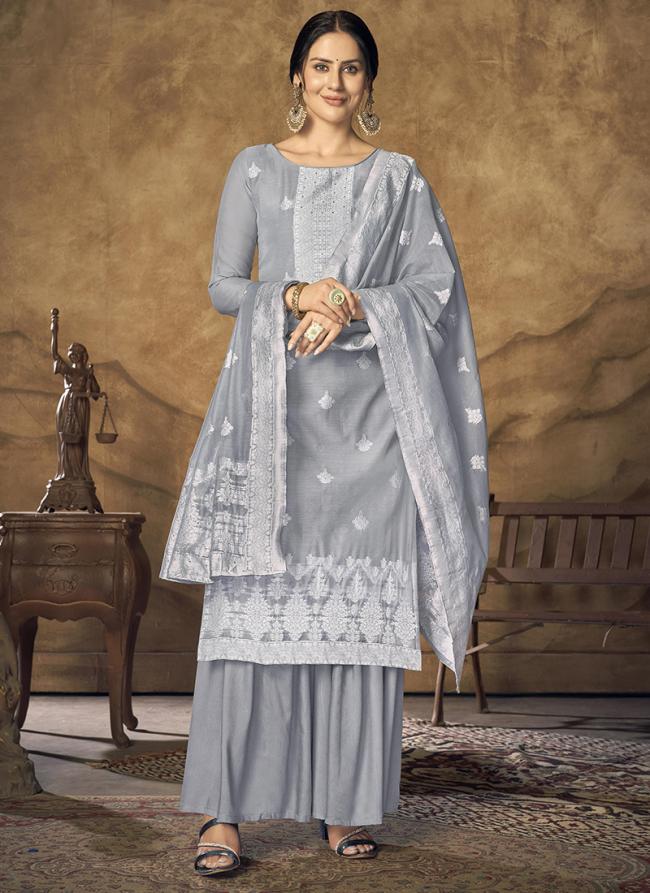 Grey Pure Cotton Casual Wear Embroidery Work Palazzo Suit