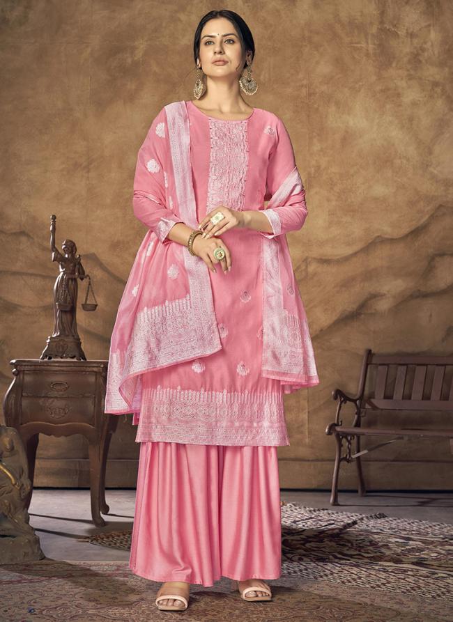 Pink Pure Cotton Casual Wear Embroidery Work Palazzo Suit