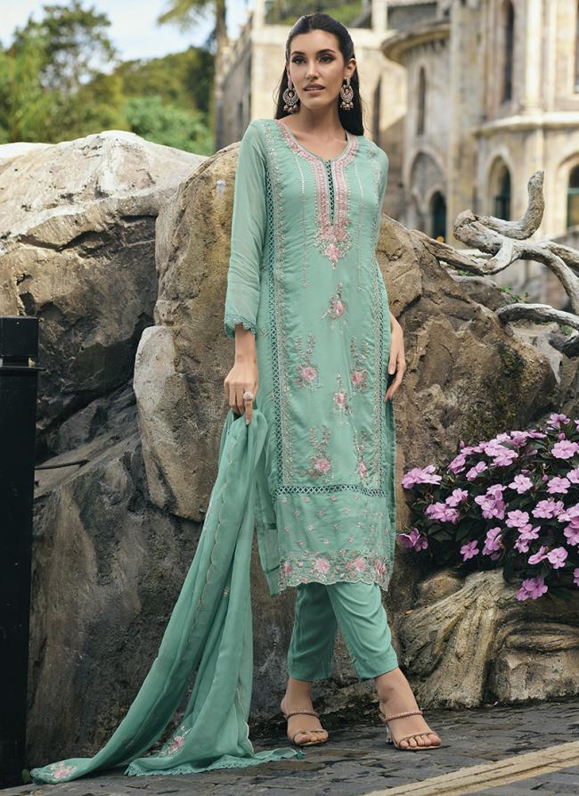 Teal Organza Silk Party Wear Embroidery Work Readymade Salwar Suit