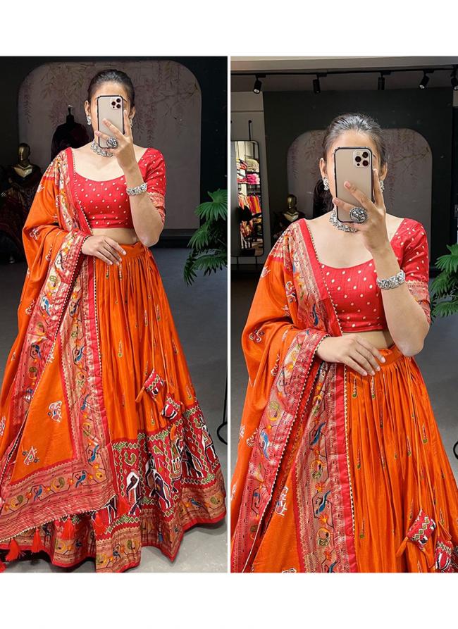 Orange Silk Party Wear Digital Printed Lehenga Choli