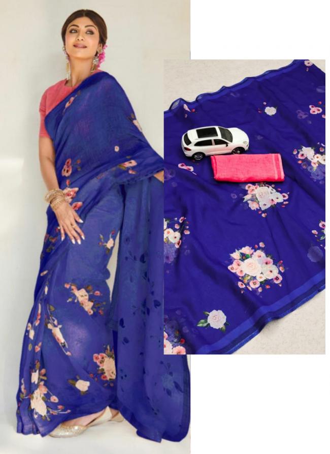 Navy blue Linen Daily Wear Digital Printed Saree