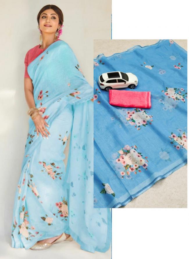 Sky Blue Linen Daily Wear Digital Printed Saree