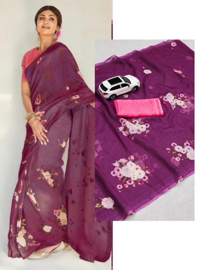 Wine Linen Daily Wear Digital Printed Saree