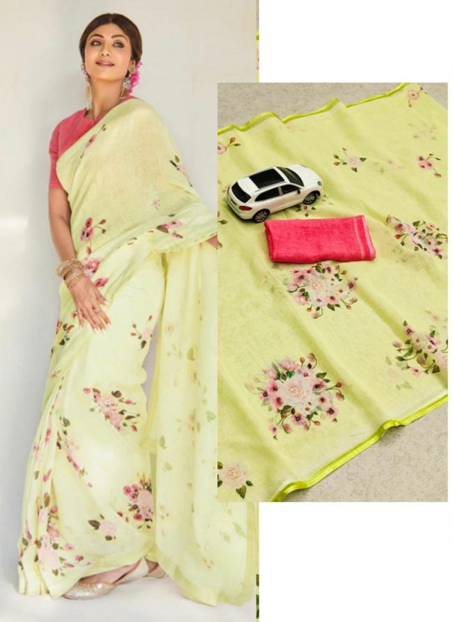 Yellow Linen Daily Wear Digital Printed Saree