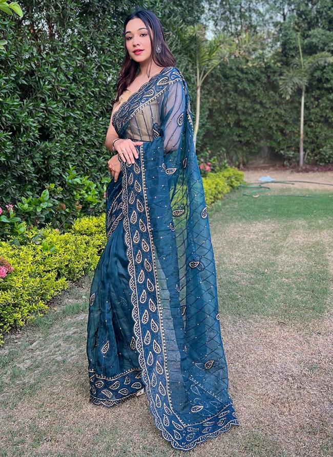 Blue Organza Silk Party Wear Cut Work Saree