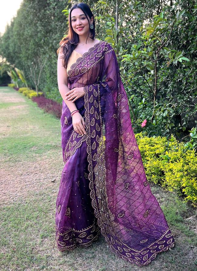 Purple Organza Silk Party Wear Cut Work Saree