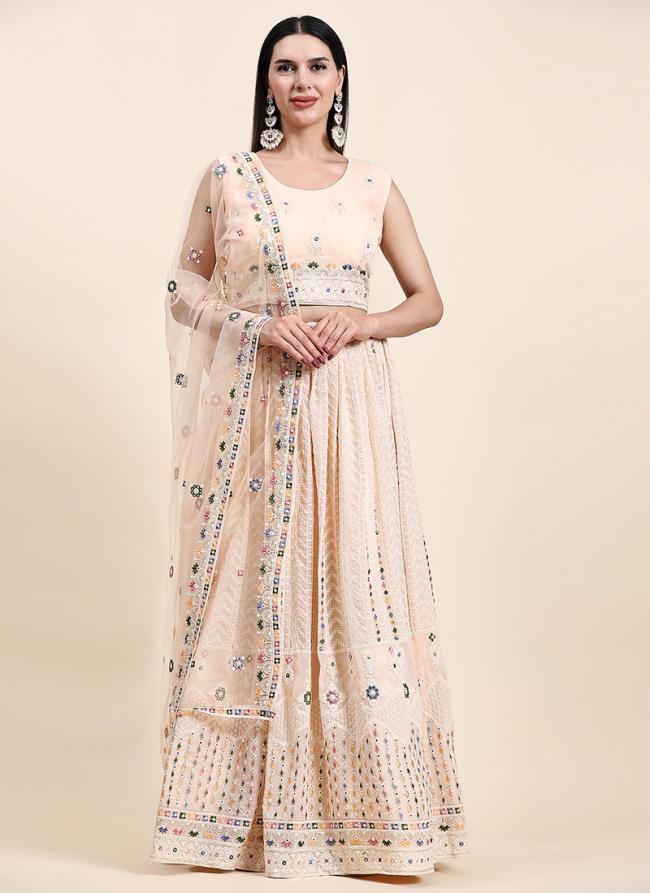 Peach Viscose Georgette Traditional Wear Lucknowi Work Ready To Wear Lehenga Choli