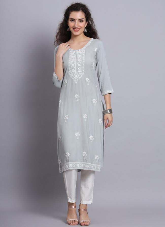 Grey Rayon Daily Wear Lucknowi Work Kurti