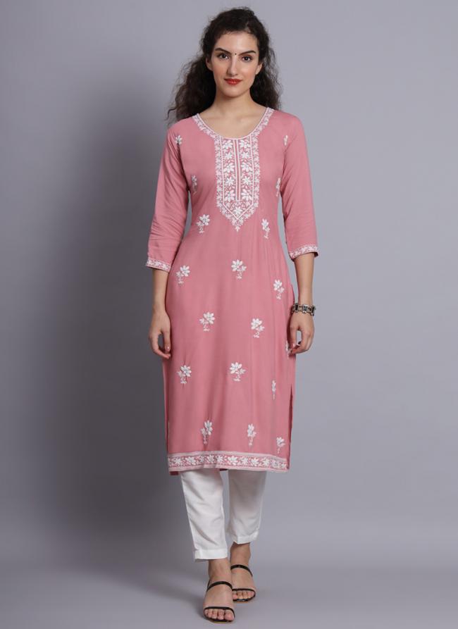 Pink Rayon Daily Wear Lucknowi Work Kurti