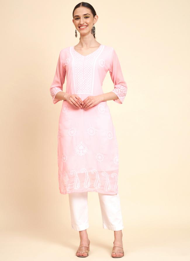 Light Pink Georgette Regular Wear Lucknowi Work Kurti