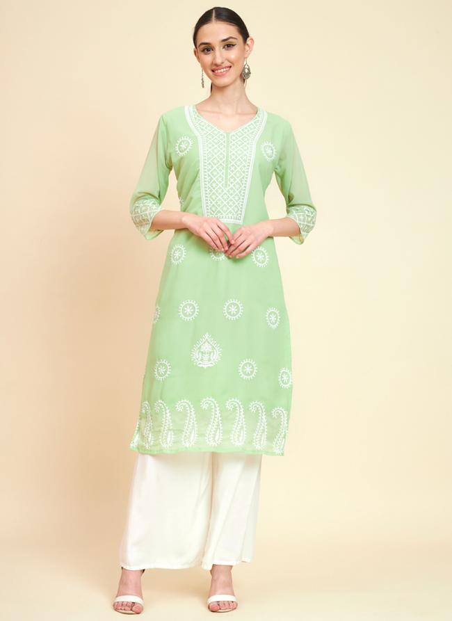 Pista Green Georgette Regular Wear Lucknowi Work Kurti