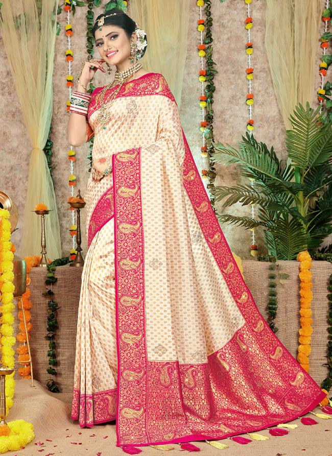 Cream Rani Silk Traditional Wear Weaving Saree