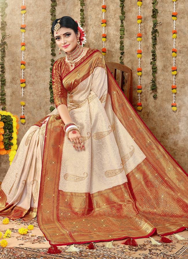 Beige Maroon Brocade Silk Festival Wear Weaving Saree