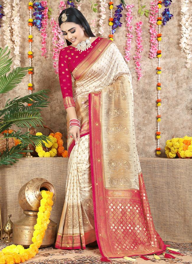 White Pink Dola Silk Festival Wear Weaving Saree