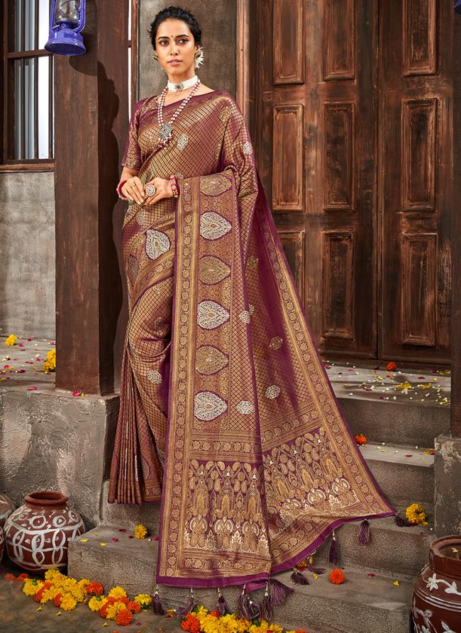 Wine Brocade Silk Wedding Wear Weaving Saree