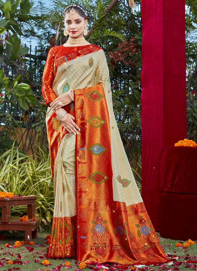 Cream Orange Silk Festival Wear Weaving Saree