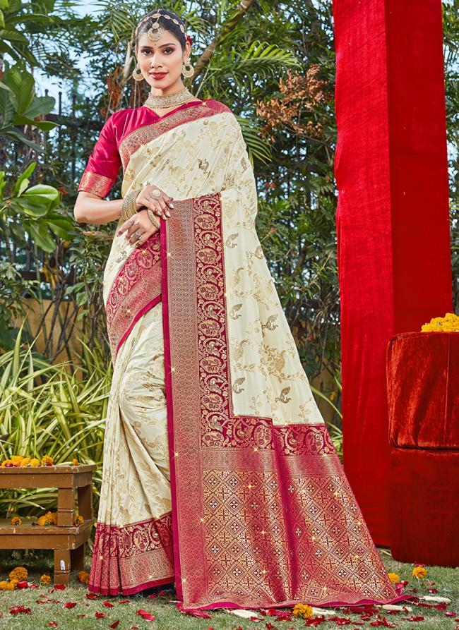 Cream Pink Silk Festival Wear Weaving Saree