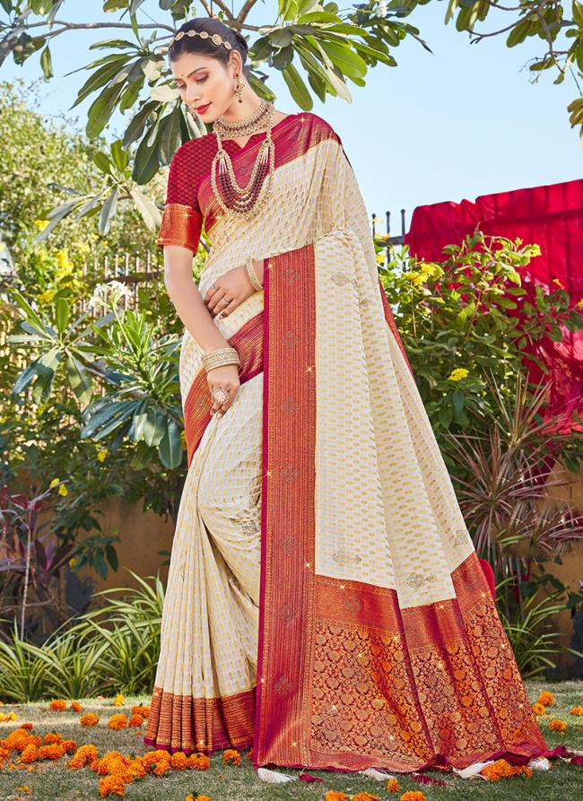 Cream Rani Silk Festival Wear Weaving Saree