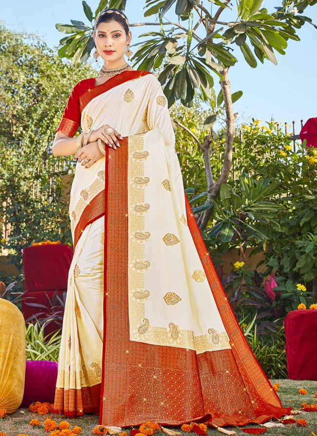 White REd Silk Festival Wear Weaving Saree