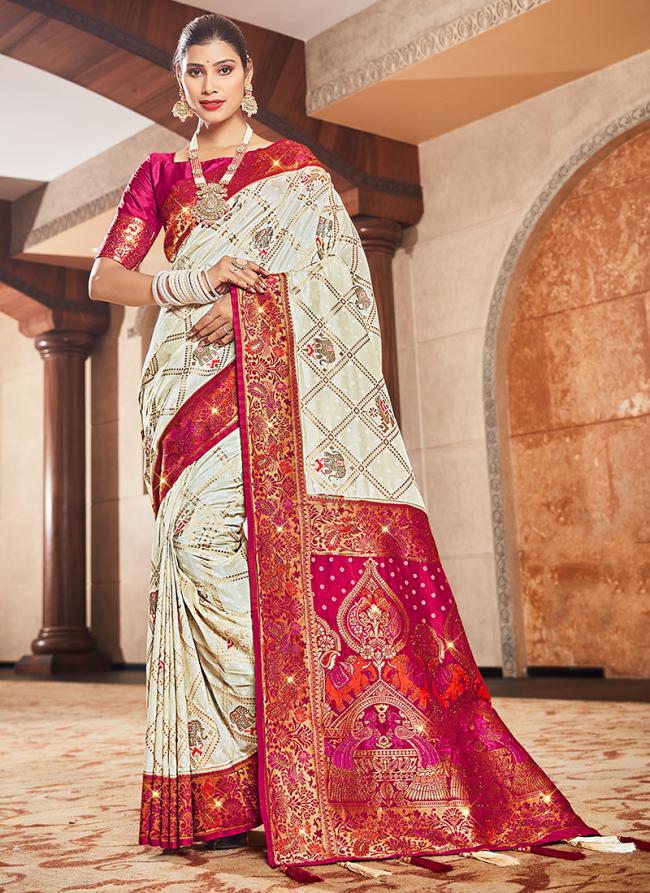 Cream Rani Dola Silk Wedding Wear Stone Work Saree